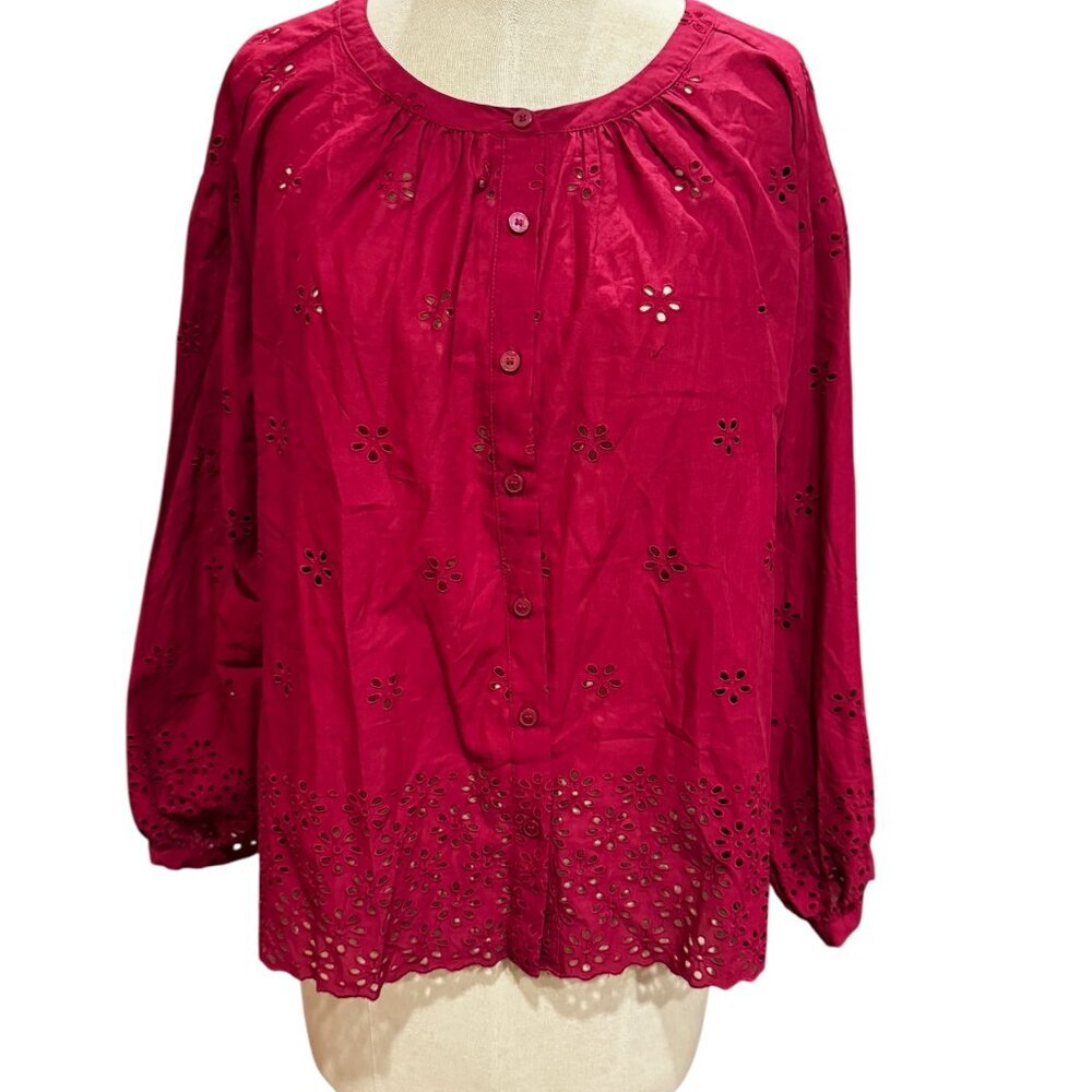 LOFT Eyelet Blouse XL Pink Floral Cutout Long Sleeve Top